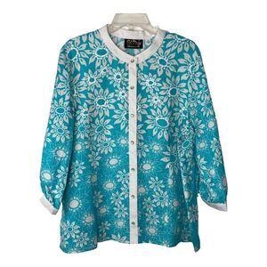 Bob Mackie NWT Wms Wearable Art Linen Blend Floral Turquoise Top Size XL Sequins
